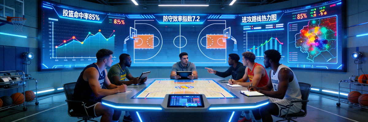篮球运动员在高科技训练馆中进行数据分析与战术讨论