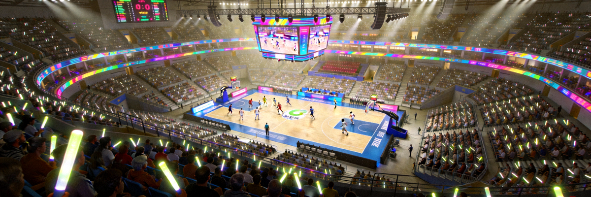 现代化体育场馆内，观众座无虚席，正在举行大型赛事