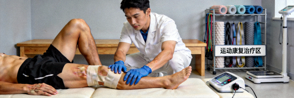 运动康复治疗师正在为运动员进行腿部肌肉恢复治疗